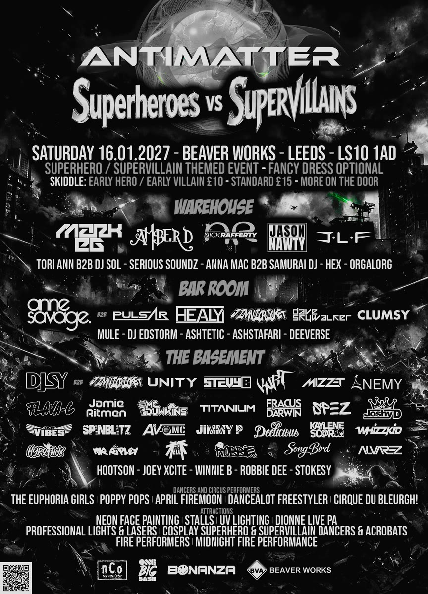 Flyer for Antimatter — Superheroes Vs Supervillains, Leeds, 16 January 2027